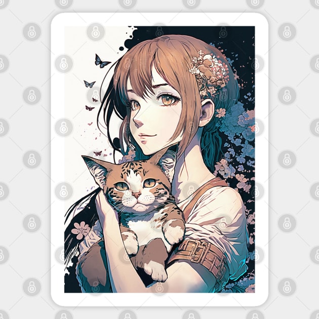 Cute Anime Girl With A Chubby Cat Sticker by GothicDesigns